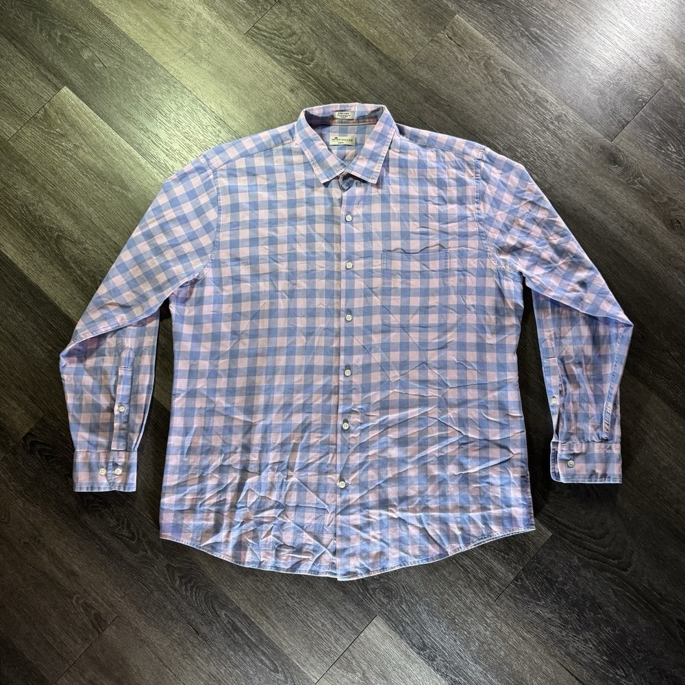 PETER MILLAR Men's Button Up Shirt XL Blue Pink Plaid Long Sleeve